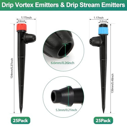 RedChili 50 Pieces Drip Emitters for 1/4" Drip Irrigation Tubing, 25 Pcs Vortex Emitters and 25 Pcs Stream Emitters Adjustable 360 Degree Full Circle Drip Emitters with Stake - size: Vortex&Stream Emitter