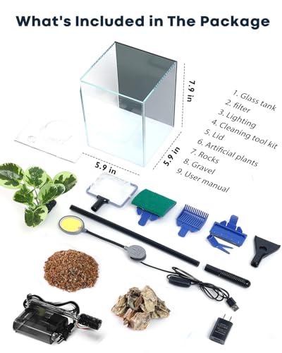 Desktop Small Aquarium Set Glass Fish Tank 1.25 Gallon, with Water Pump Filter Bright LED Light Gravel Cleaning Tool, Starter Kit Small Space Easy Setup Space-Saving Design Betta Shrimp - size: 1 gallon