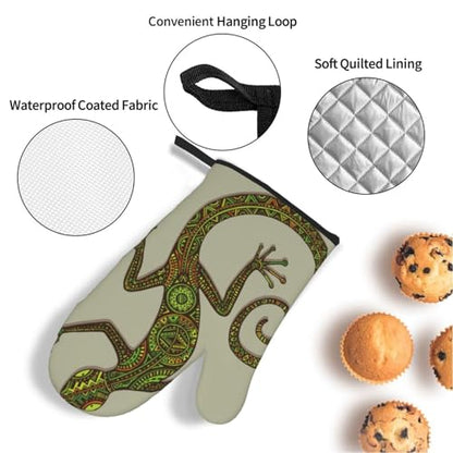 Reptiles Ornamental Colorful Lizard with Ethnic Patterns Exotic 4 Pack Oven Mitts and Pot Holders Set, Thick Polyester Heat Resistant Kitchen Gloves for Baking BBQ Grilling