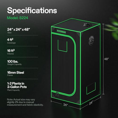 VIVOSUN S224 2x2 Grow Tent 24"x24"x48" High Reflective Small Mylar Tent | Easy View Window, Removable Floor Tray, 100% Reflective Mylar Interior,Sturdy Metal Frame for Indoor Plants - size: 24"x24"x48"