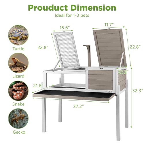 Standing Tortoise Habitat with Lamp Holder in Indoor & Outdoor, Wooden Turtle Enclosure Table with Detachable Legs, Leakproof Tray, Openable Roof for Tortle, Lizard, Chameleon, Grey