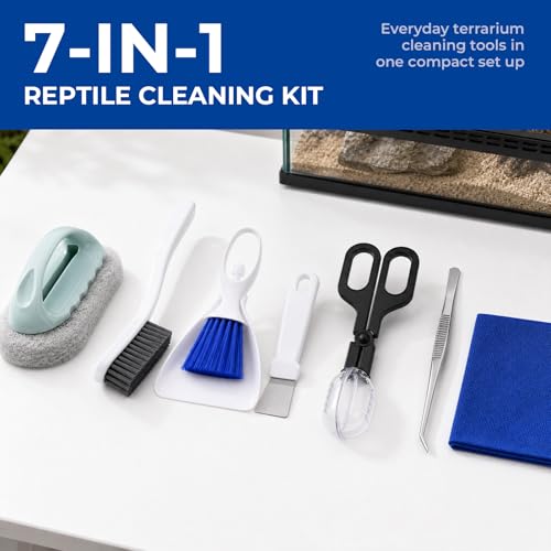 Bearded Dragon Tank Cleaning Kit, 7-in-1 Reptile Tool Set, Blue | Blue set with mini dustpan & brush, feeding tongs, tweezers, scraper & cloth for lizard and gecko enclosures