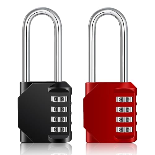 ZHEGE Padlock 2 Pack, Long Shackle Combination Locker Lock (Black & Red) | 4.53" Overall Height, 2.62" Shackle Height, 4 Digit Outdoor Weatherproof Padlock Coded for Fence, Gate, Shed, Toolbox, Gym - color: 2P, Black&Red