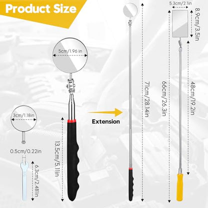 Telescoping Inspection Mirror Set – 360° Viewing for Auto & Home Use | Telescoping Rod & Bendable Rod, 360° Swivel Mirror, Round & Square Heads, 4 Replaceable Mirrors, Storage Bag Included