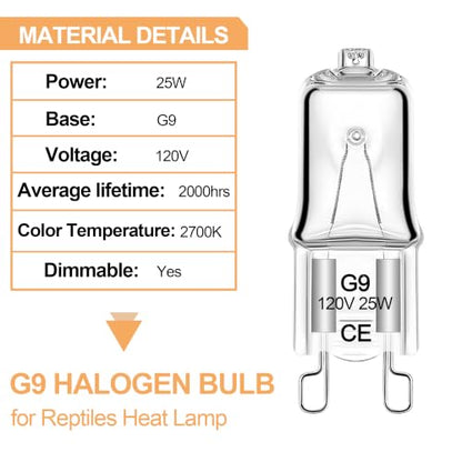 2 Pack G9 25W Mini Halogen Bulb, Day White Reptile Basking Light | Compact Long-Lasting Bulb for Reptile Terrariums,Compatibility with Most Reptile Terrarium