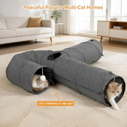 Ownpets 10" Large Cat Tunnel 3-Way U-Shape Oxford Fabric for Large Cat | Silent oxford fabric no noise, expandable 3-channel design, with plush ball ,feather wand, peek hole, for multi-cat household - size: 10 Inches in Diameter