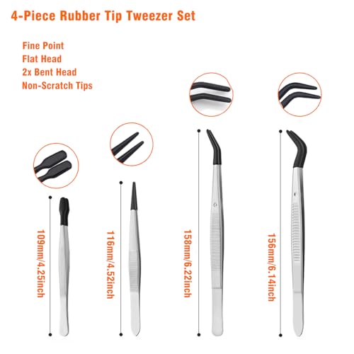 4 Pcs Rubber Tip Tweezers Set, Non-Scratch PVC Coated Tips - Fine Point, Flat & Bent Head Tweezers for Crafts, Jewelry Making, Electronics, Eyelash Extensions - color: Black