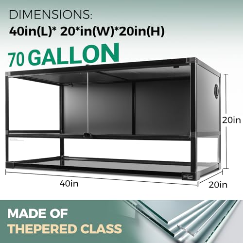 70 Gallon Full Glass Reptile Tank, 40" x 20" x 20" Quick Fold Reptiles Enclosure with Waterproof Base, Top Screen Ventilation, Front Opening Large Terrarium for Bearded Dragon, Ball Python, Snake - size: 40" x 20" x 20"