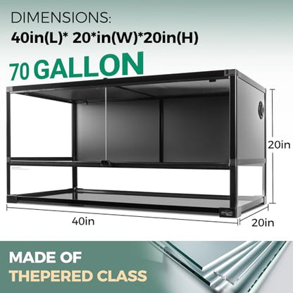 70 Gallon Full Glass Reptile Tank, 40" x 20" x 20" Quick Fold Reptiles Enclosure with Waterproof Base, Top Screen Ventilation, Front Opening Large Terrarium for Bearded Dragon, Ball Python, Snake - size: 40" x 20" x 20"