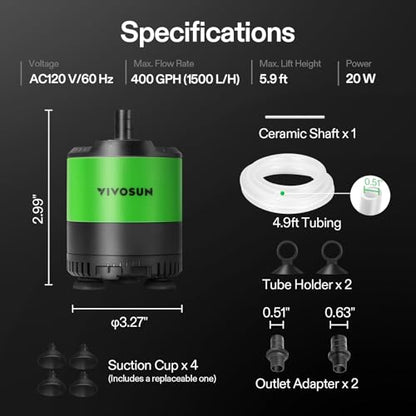 VIVOSUN 400GPH Sub Water Pump for Fish Tank, Pond, Aquarium, Hydroponics | 20W Submersible Water Pump, with Adjustable Flow, 4.9ft Tubing, Additional Ceramic Shaft, and Outlet Adapters, for Fountains - size: 5"×4"-400