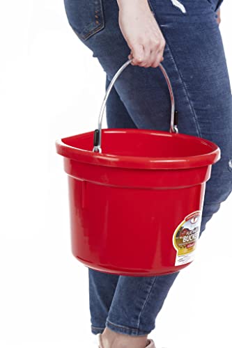 Little Giant® Flat Back Plastic Animal Feed Bucket | Animal Water and Feed Bucket with Metal Handle | 8 Quarts | Red - color: Red
