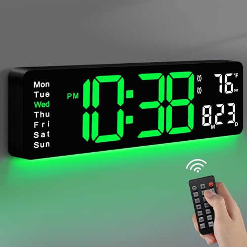 MASHI 16" Easy-Read Large Digital Wall Clock,9-Color Night Light,Auto-DST | remote control,10 dimming levels,large display for time,dateand temp,Ideal plug-in wall clock for living room and seniors - color: Green