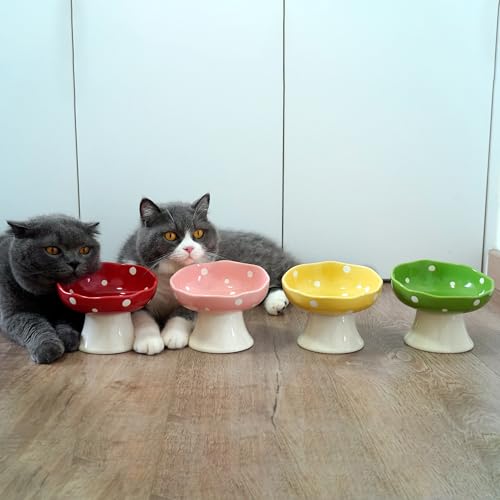 4PCS Multi-Color Mushroom Cat Bowl Set, Elevated Ceramic Bowls for Cats | Multi-Color, Cute, Elevated, Ceramic, Whisker Friendly, Anti Vomiting - color: Pink+Red+Yellow+Green