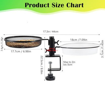 HRAYLTOP Deck Bird Feeders with Metal Mesh Tray and 2 Water Bowls - Detachable Adjustable Heavy Duty Clamp Bracket, Rail Bird Bath Balcony Porch Railing Feeder Perfect for Attracting Birds. - size: 8.8 Inch (Deck Mount)