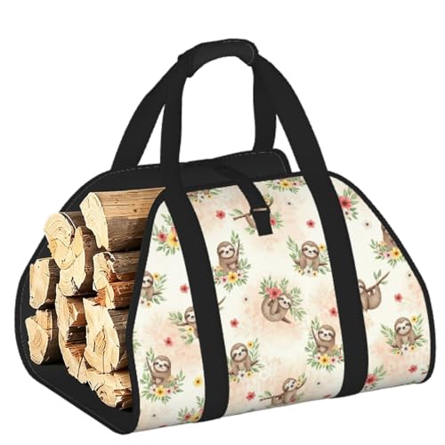 AMRANDOM Firewood Carrier Bag with Handles Log Holder Foldable & Waterproof for Fireplace, BBQ, Camping, Garden (Cute Sloth Dont Hurry Be Happy) - color: Color1025