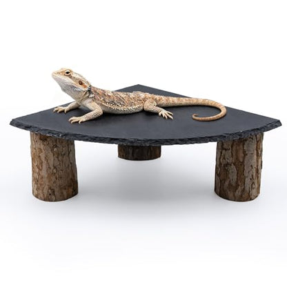Bearded Dragon Tank Accessories, Basking Platform with Slate Rock and Wooden Pile, Leopard Gecko Hides and Caves, Reptile Tank Accessories for Bearded Dragons, Geckos, Ball Pythons, Tortoise