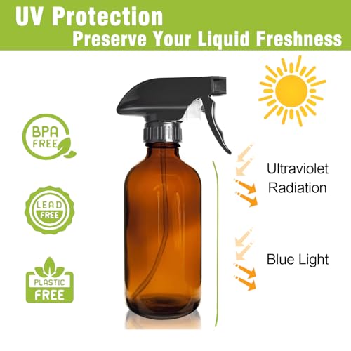 16oz Amber Glass Spray Bottles,2-Pack Refillable Empty Spray Bottl for Cleaning, Hair Care, Plants - Adjustable Nozzl