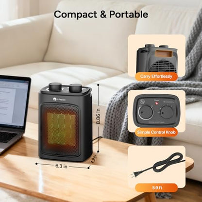 DR.PREPARE 1500W Small Space Heater for Indoor Use, Portable PTC Ceramic Electric Heater with Thermostat, Overheating & Tip-Over Protection, 3 Heat Modes + Fan, Safe Heater for Home Office Bedroom - size: 8.86'' H/Fixed Direction