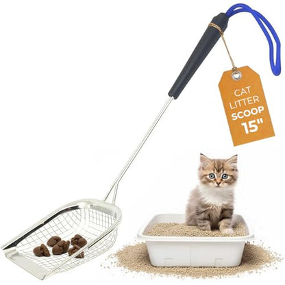 Sand Dipper Metal Cat Litter Scoop – Long Handle Cat Poop Scooper for Litter Box (15”), Heavy-Duty Stainless Steel Kitty Litter Scoop (Scoop) - size: 4 - Scoop