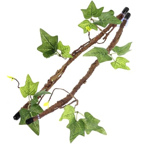 Reptile Branch 2PCS 17 Inch Realistic Reptile Vines with Leaves and Suction Cup Bendable Fake Terrarium Branches for Reptiles Tank Accessories for Snake Lizard Bearded Dragons Gecko Climbing