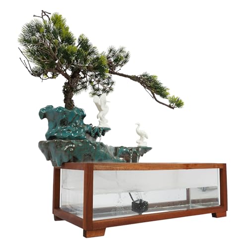 Antique-Style Tabletop Water Fountain with Fish Tank & Atomizer - Desktop Decor with Crane Statues, Simulated Pine, LED Light & Feng Shui Symbolism for Indoor Home/Office Decoration