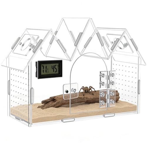Jumping Spider Enclosure with Built-in Hygrometer Thermometer, 9.5"x4"x6.7" Acrylic Reptile Terrarium, Magnetic Front Door Habitat Tank for Tarantulas, Snails, Isopods, Insects