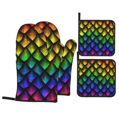 Dragon Scales Reptile Skin Heat Resistant Oven Mitts and Pot Holders Set of 4-500°f Protection Utensil Pocket for Grilling, Baking, Cooking