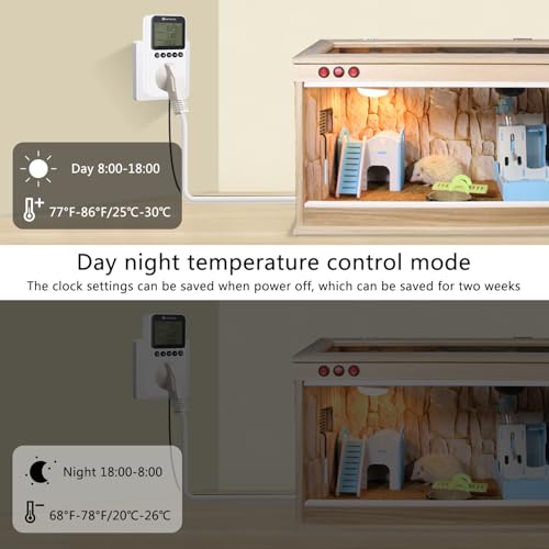 KETOTEK KT3200PRO Day Night Thermostat Temperature Controller Outlet | Digital Heating Cooling Temp Controller with Sensor Timer Regulator for Reptile Greenhouse Brewing Refrigerator