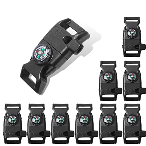 CooBigo 5/8" Compass Whistle Buckle Plastic Paracord Bracelet Outdoor Camping Emergency Survival Travel Kits - color: 10pcs 5/8 Inch Black