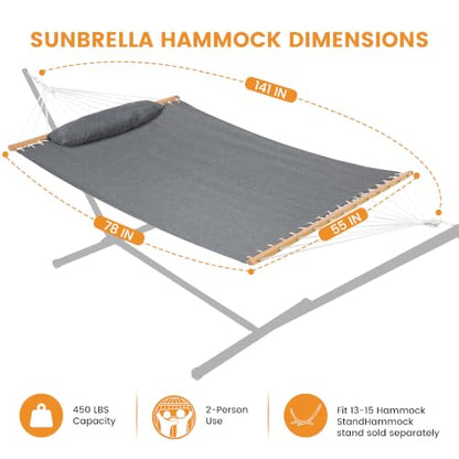Lazy Daze 12 FT Sunbrella Fabric Hammock, Non-Fading Double Outdoor Hammock | 2 Person Hammock with Pillow, Straps, Carabiners , All Weather Fade Resistant for Outside, Cast Slate - color: Cast Slate