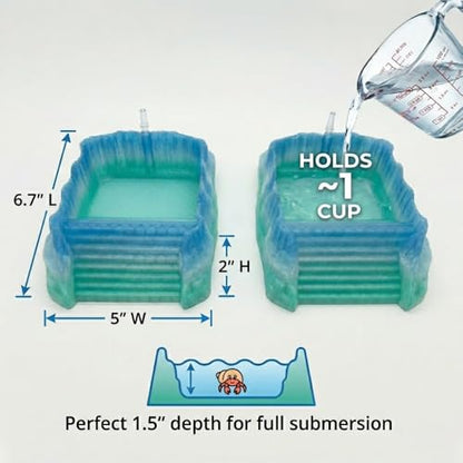 Hermit Crab Pools with Built-in Bubblers – Set of 2 (Fresh & Salt Water) – Upgraded Heat-Resistant PETG 3D Printed Water Bowls with Safe Exit Ramps (Glazed Blue/Green)