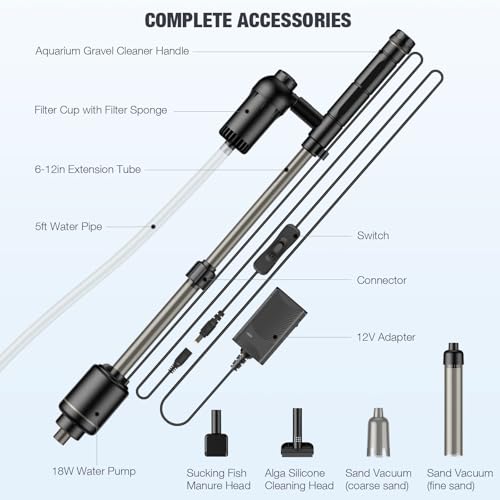 AKKEE Aquarium Vacuum Gravel Cleaner, 18W Electric Fish Tank Cleaner Vacuum, 6 in 1 Multifunctional Aquarium Cleaner for Automatic Water Change, Wash Sand, Water Circulation and Timed Off，Black