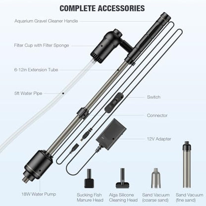 AKKEE Aquarium Vacuum Gravel Cleaner, 18W Electric Fish Tank Cleaner Vacuum, 6 in 1 Multifunctional Aquarium Cleaner for Automatic Water Change, Wash Sand, Water Circulation and Timed Off，Black