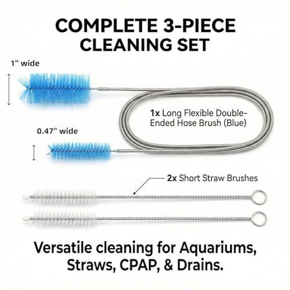 Aquarium Tube Cleaning Brush Kit, 61-Inch Flexible Double-Ended Hose Brush | 3-Piece Lily Pipe Brush Set: 1-Inch and 0.47-Inch Nylon Heads, 2 8-Inch Straw Brushes for Long Filter Tubing and Fish Tanks