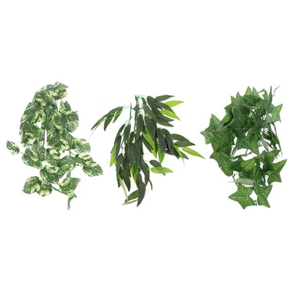 3pcs Reptile Habitat Artificial Vine Plants with Suction Cups, Leaf Green 12-inch and Two 30cm Vines, Terrarium Decor for Lizards, Geckos, and Snakes