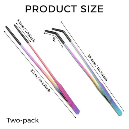 2PCS Stainless Steel Reptile Feeding Tongs, 10.6" Straight and Curved Tweezers for Bearded Dragon Tank Accessories, Planted Tank Tools Feeder for Lizards