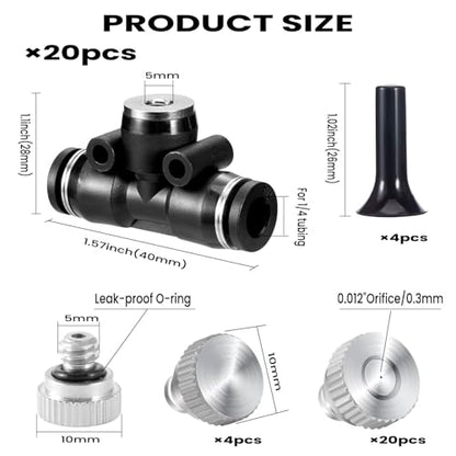 48 Pcs Misting Nozzles Kit,0.012 Orifice (0.3 mm) Mister Nozzles | Brass,10/24 UNC Nozzles,1/4 Inch Sliding Lock Tees for Outdoor Cooling System 20 Tees,20 Nozzles,4 Brass Plugs,4 Black Plugs - size: 48 Pcs Misting Nozzles Kit