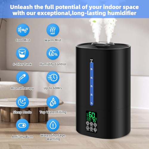 Coolfiqu 6L Warm & Cool Mist Humidifiers for Bedroom,Large Room,Plants | Quiet Top Fill Ultrasonic Humidifier,Essential Oil Diffuser, Auto Humidity Control,Hot Mist Desk Humidifiers,360° Nozzle - color: A-Black