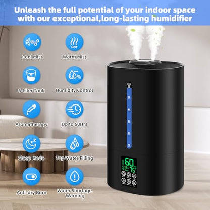 Coolfiqu 6L Warm & Cool Mist Humidifiers for Bedroom,Large Room,Plants | Quiet Top Fill Ultrasonic Humidifier,Essential Oil Diffuser, Auto Humidity Control,Hot Mist Desk Humidifiers,360° Nozzle - color: A-Black