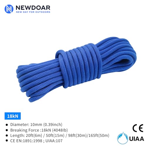 Static Climbing Rope - 8mm (5/16c) / 10mm (3/8”) Double Braid Accessory Cord for Rock,Hauling, Prusik, Survival - Pre-Cut 20FT, 50FT, 100FT, 165FT Lengths - Outdoor, Fire Rescue Equipment - color: Blue, size: 3/8 in x 165 ft