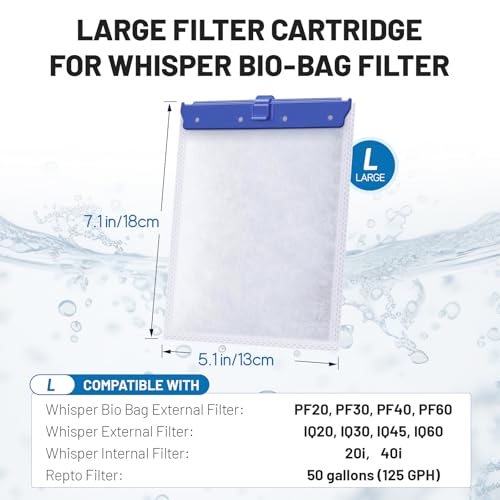 16 Count Large Filter Cartridges Compatible with Whisper Bio Bag Filters | Large Aquarium Filter Cartridge for Whisper 20i 40i, IQ20/30/45/60, PF20/30/40/60 and Repto Filter - size: L-16P