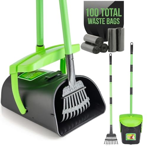 MXF 40.16" Pooper Scooper Set – Swivel Bin & Rake Kit with 100 Waste Bags | Long Handle Waste Pick Up Tool with Bag Attachment. Fits Large to Small Dogs on Lawn, Yard, Grass, Gravel, & Kennels