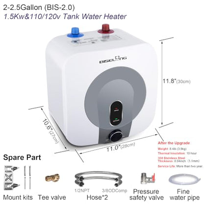 110V-120V 1440-1500W Small Under Sink Tank 2.5 Gallon Water Heater Hot Storage,Mini Instant Electric RV TR Trailer Kitchen Compact,Food Truck 2 PCs 16” Long 1/2”FIP Stainless Steel Hose (BI-2.5)