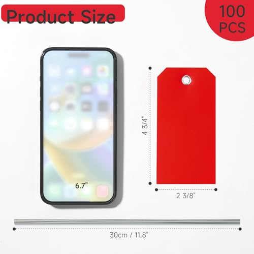 100 Pcs Red Tags with String Blank Shipping Tags with Metal Wire Writable Price Repair Plastic Service for Equipment Product Jewelry Clothing Inventory Car Parts (Red, 4 3/4" x 2 3/8") - color: Red, size: 4 3/4" x 2 3/8"