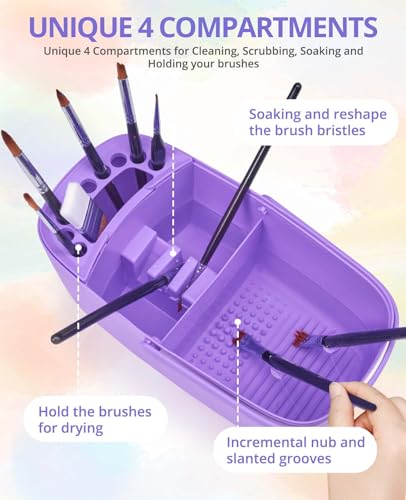 GAMENOTE Paint Brush Cleaner, Paint Brush Holder and Palette, Purple | All-in-one painting station washes and rests brushes, mixes colors, and stores paint in 18 wells with a portable handle. - color: Purple