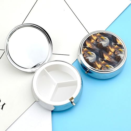 Travel Pill Container, Eagle Round Metal Organizer, 3-Section Case for Medicine, Pocket Purse Dispenser for Business Travel - color: Style (607)