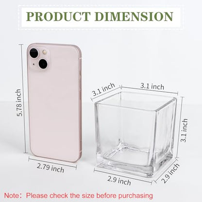 6 Pack Square Glass Vases 3" x3" x 3", Clear Flower Vases | Candle Holder for Centerpieces, Wedding Party Home Decor - size: 3inch