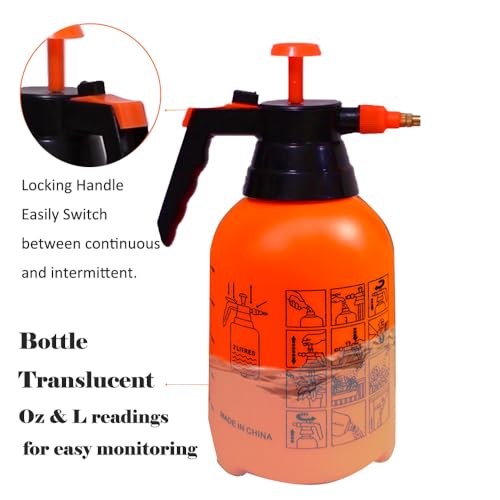 1/2 Gallon Handheld Pump Sprayer, 2 Pack Garden Pressure Sprayer with Adjustable Brass Nozzle, Multi-Purpose 75 Oz Water Spray Bottle Ideal for Watering, Fertilizing, Cleaning (Orange-2L)