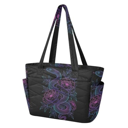 Quilted Tote Bag for Women Peony Snake Neon, Stylish Lightweight Shoulder Handbag with Laptop Sleeve, Luggage Strap for Travel Gym Work