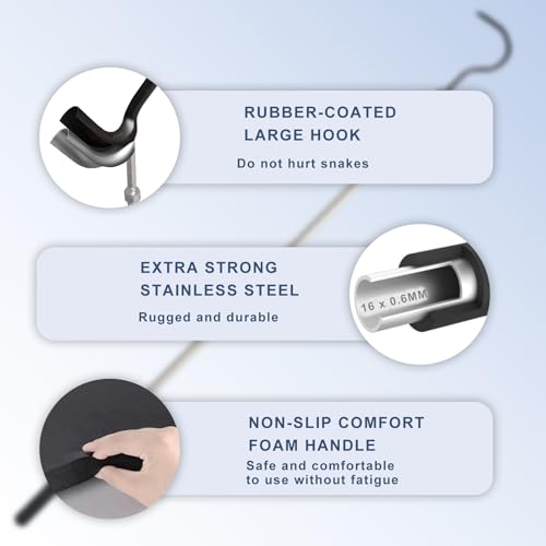 Snake Hook, 35"-65" Reptile Snake Hook Heavy Duty Long for Ball Python Rattlesnakes Rattle Copperhead Removal with Sponge Grip and Stainless Steel Rubber Tip Hook (55inch) - size: 55inch